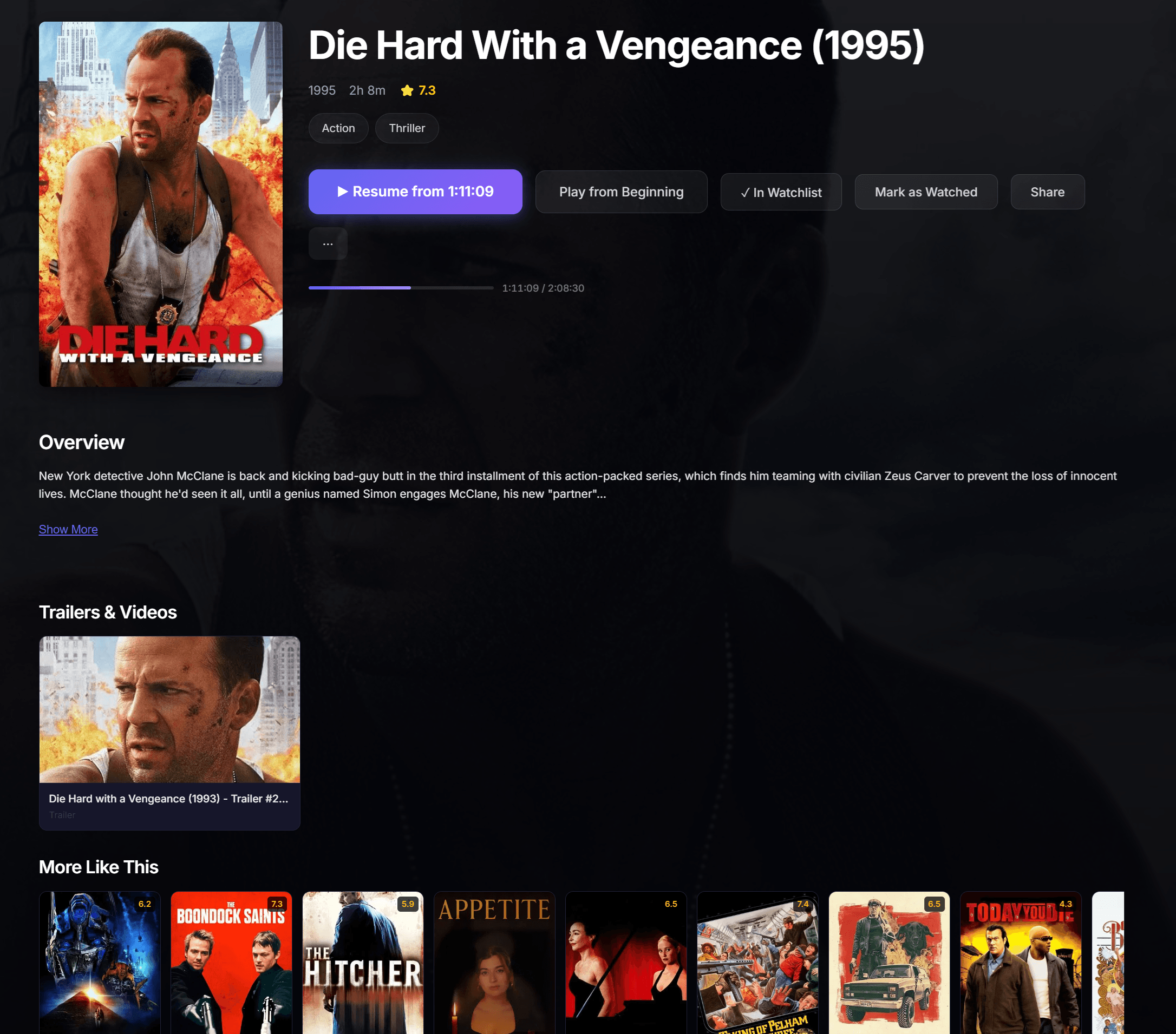 Movie detail page with poster, overview, trailers, and recommendations